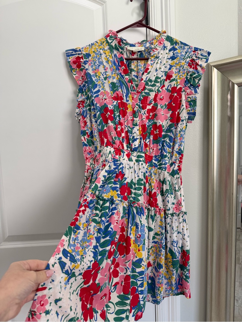 Pinch Floral Mini Dress in Red & Pink with Blue Accents